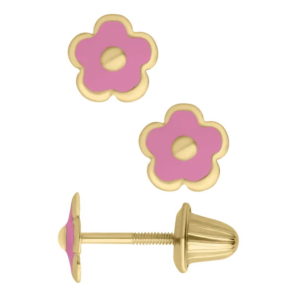 Kiddie Kraft Yellow Gold Pink Flower Earrings SVS Fine Jewelry Oceanside, NY