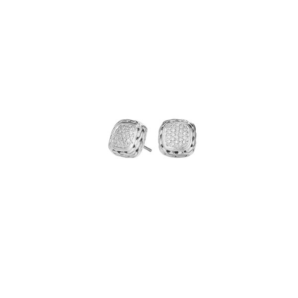 John Hardy Classic Chain Collection Small Square Pave Diamond Silver Earrings, .28ctw SVS Fine Jewelry Oceanside, NY