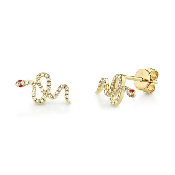 Shy Creation Yellow Gold, Diamond, & Ruby Snake Earrings SVS Fine Jewelry Oceanside, NY