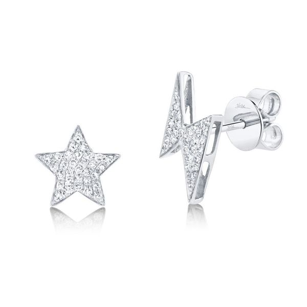 Shy Creation White Gold Diamond Star & Lightening Earrings SVS Fine Jewelry Oceanside, NY