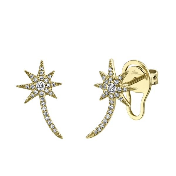 Shy Creation Yellow Gold Diamond Shooting Star Earrings, .19ctw SVS Fine Jewelry Oceanside, NY