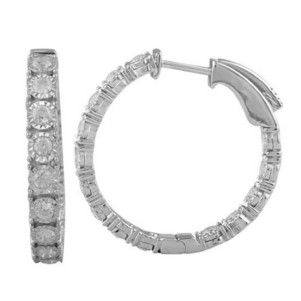 14K White Gold Diamond Inside-Out Round Hoop Earrings SVS Fine Jewelry Oceanside, NY