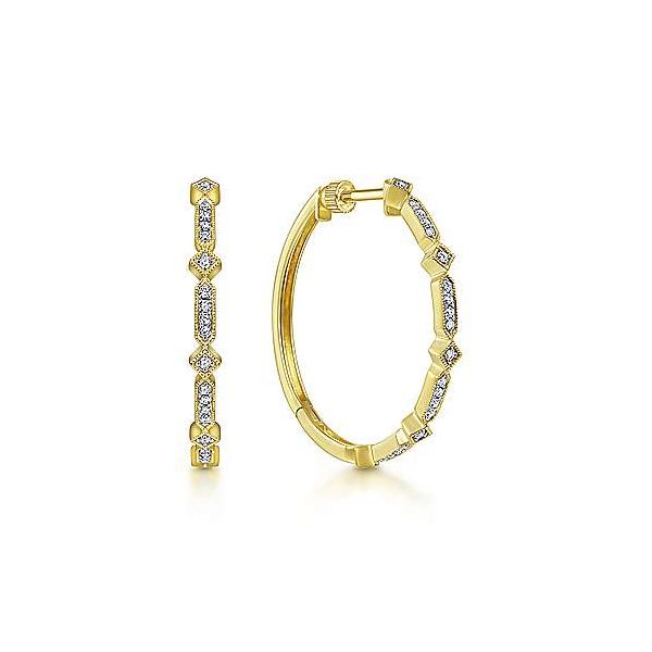 Gabriel & Co. Art Moderne Yellow Gold Diamond Hoop Earrings SVS Fine Jewelry Oceanside, NY
