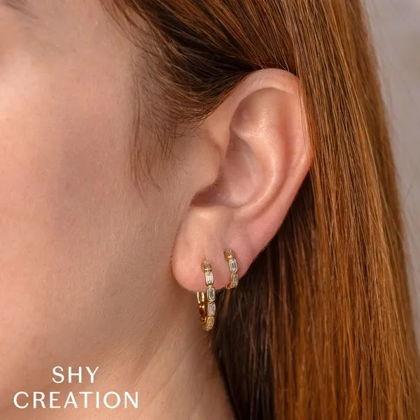 Shy Creation Yellow Gold Diamond Hoop Earrings Image 2 SVS Fine Jewelry Oceanside, NY