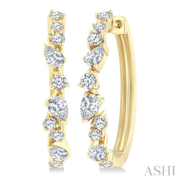 Yellow Gold Mixed Shape Scatter Diamond Hoop Earrings SVS Fine Jewelry Oceanside, NY