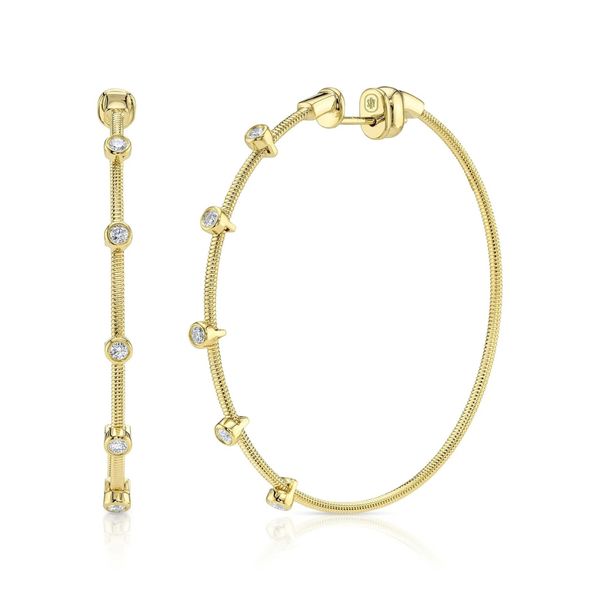 Shy Creation Yellow Gold Diamond Bezel Hoop Earrings SVS Fine Jewelry Oceanside, NY