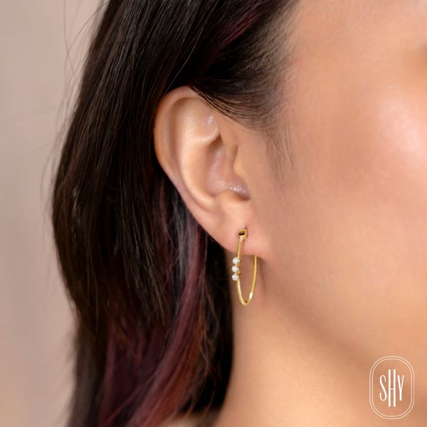 Shy Creation Yellow & White Gold Diamond Hoop Earrings Image 2 SVS Fine Jewelry Oceanside, NY