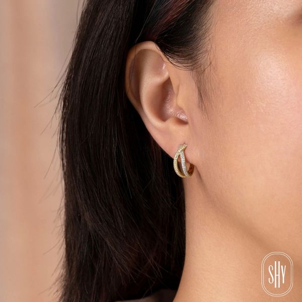 Shy Creation Yellow Gold Diamond Huggie Earrings Image 2 SVS Fine Jewelry Oceanside, NY