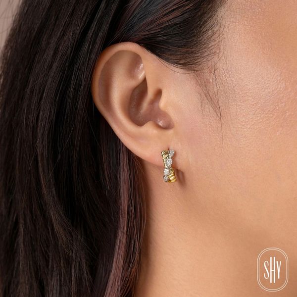 Shy Creation Yellow & White Gold Diamond Hoop Earrings Image 2 SVS Fine Jewelry Oceanside, NY