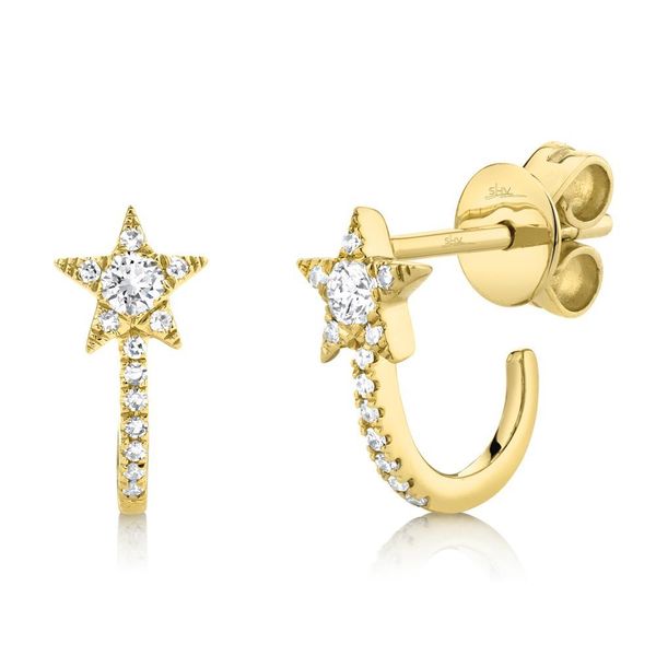 Shy Creation Yellow Gold Diamond Star Huggie Earrings, .17ctw SVS Fine Jewelry Oceanside, NY