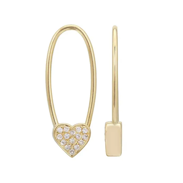 14K Yellow Gold & Diamond Heart Safety Pin Huggies SVS Fine Jewelry Oceanside, NY