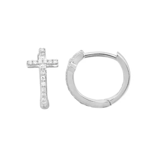 14K White Gold & Diamond Cross Huggies, 0.09Cttw SVS Fine Jewelry Oceanside, NY