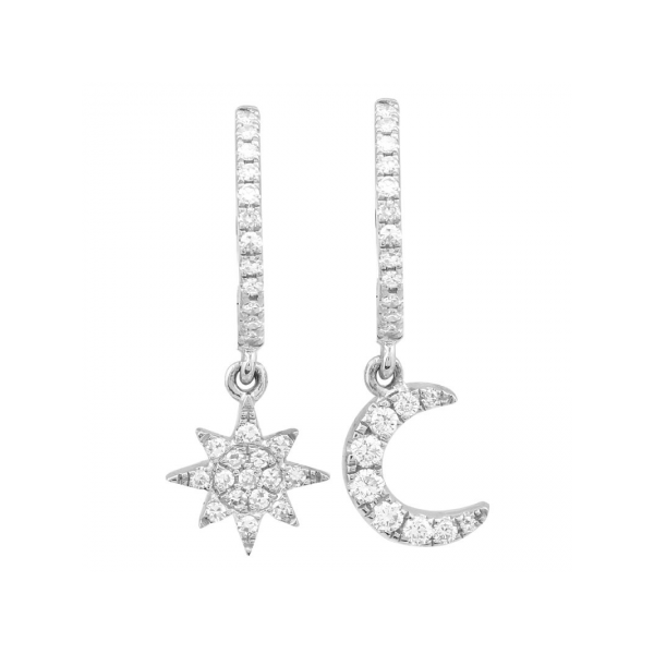 14K White Gold & Diamond Sunburst Drop Huggies SVS Fine Jewelry Oceanside, NY