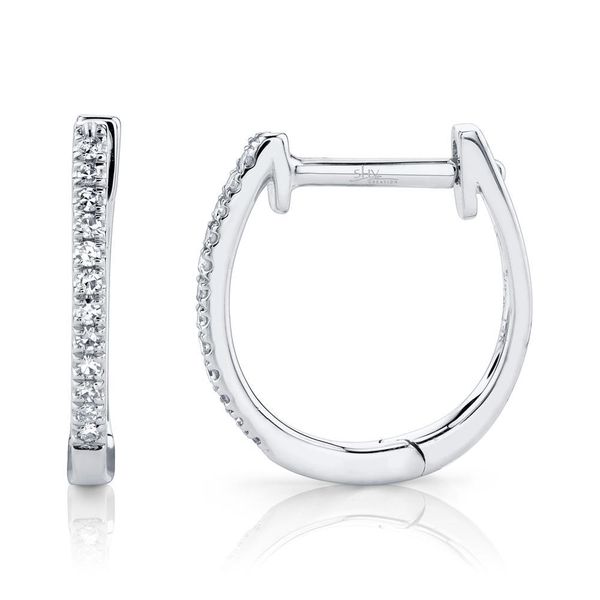 Shy Creation 14K White Gold and Diamond Huggie Earrings Image 2 SVS Fine Jewelry Oceanside, NY