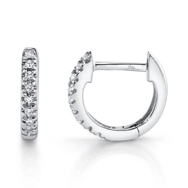 Shy Creation White Gold and Diamond Huggie Earrings Image 2 SVS Fine Jewelry Oceanside, NY