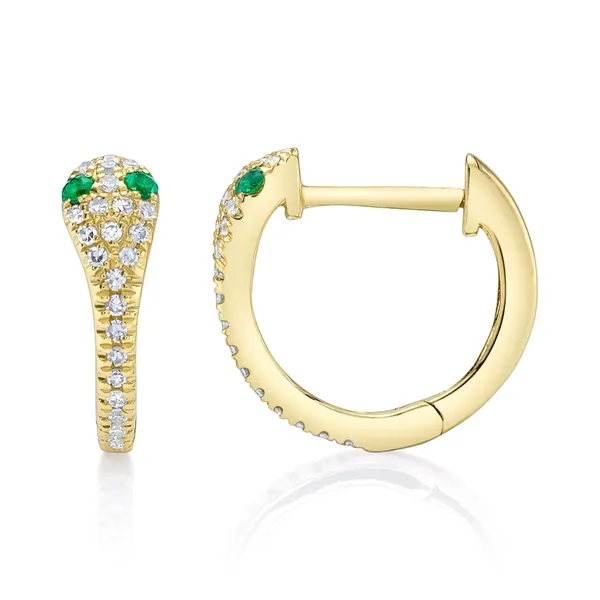 Shy Creation 14K Yellow Gold Diamond & Emerald Snake Huggie Earrings Image 2 SVS Fine Jewelry Oceanside, NY