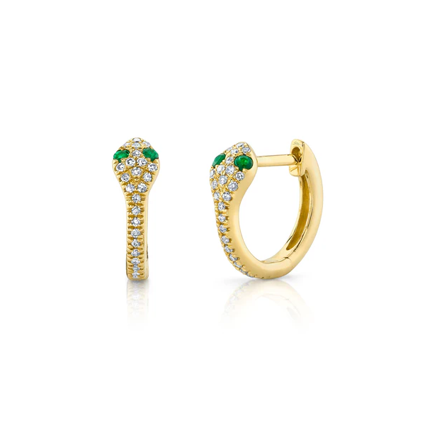 Shy Creation 14K Yellow Gold Diamond & Emerald Snake Huggie Earrings SVS Fine Jewelry Oceanside, NY