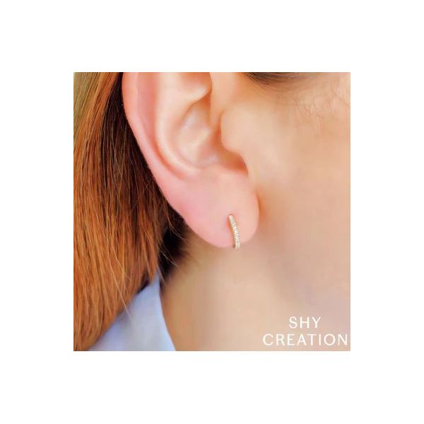 Shy Creation Yellow Gold Diamond Huggie Earrings Image 2 SVS Fine Jewelry Oceanside, NY