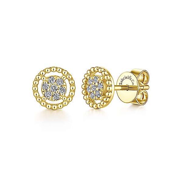 Gabriel & Co. Bujukan Yellow Gold Beaded Round Frame Diamond Cluster Stud Earrings, .10ctw SVS Fine Jewelry Oceanside, NY