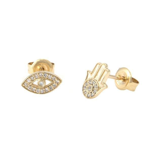 Yellow Gold Pave Diamond Hamsa And Eye Studs, .09ctw SVS Fine Jewelry Oceanside, NY