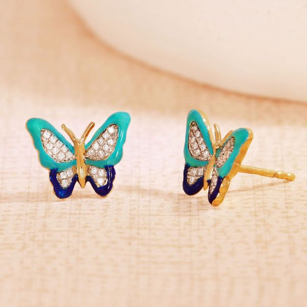 Ella Stein Blue Enamel Butterfly Diamond Stud Earrings, .06ctw Image 3 SVS Fine Jewelry Oceanside, NY