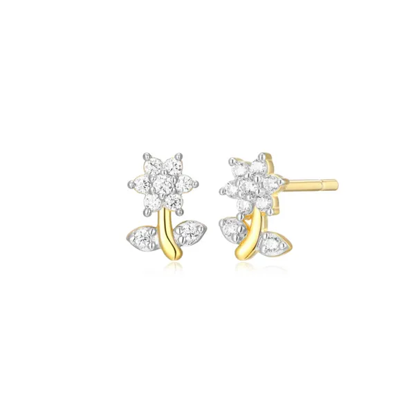 Lab Grown Diamond Yellow Gold Plated Flower Earrings, .09ctw SVS Fine Jewelry Oceanside, NY