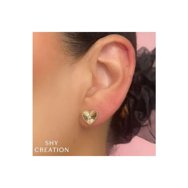 Shy Creation Yellow Gold Diamond Heart Earrings Image 2 SVS Fine Jewelry Oceanside, NY