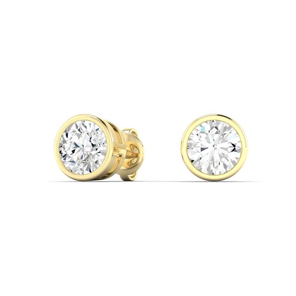 Yellow Gold Round Bezel Lab Grown Diamond Studs SVS Fine Jewelry Oceanside, NY