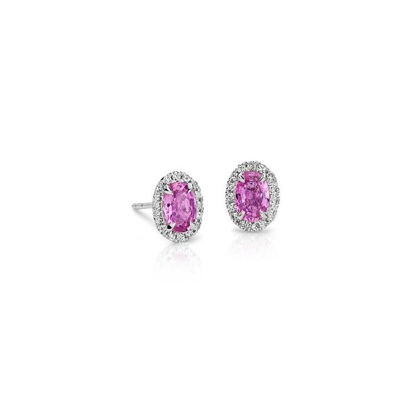 White Gold, Diamond and Pink Sapphire Oval Halo Stud Earrings SVS Fine Jewelry Oceanside, NY