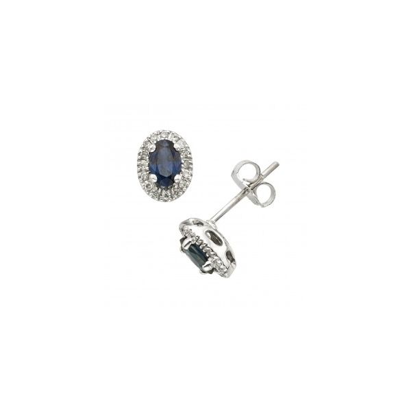 White Gold, Diamond and Sapphire Oval Halo Stud Earrings SVS Fine Jewelry Oceanside, NY