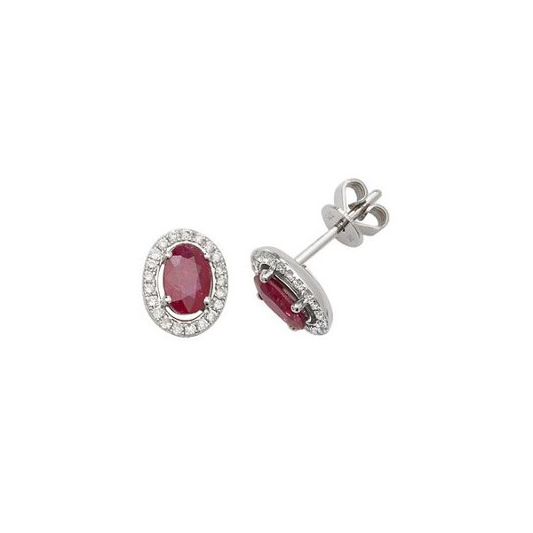 White Gold, Diamond and Ruby Oval Halo Stud Earrings SVS Fine Jewelry Oceanside, NY