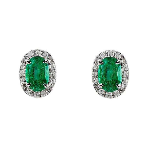 White Gold, Diamond and Emerald Oval Halo Stud Earrings SVS Fine Jewelry Oceanside, NY