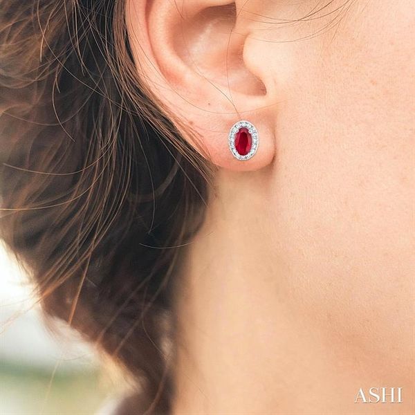 White Gold Oval Ruby Halo Diamond Earrings Image 2 SVS Fine Jewelry Oceanside, NY
