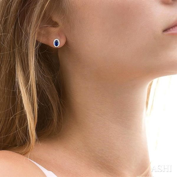White Gold Oval Sapphire Halo Diamond Earrings Image 2 SVS Fine Jewelry Oceanside, NY