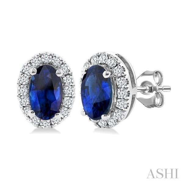 White Gold Oval Sapphire Halo Diamond Earrings SVS Fine Jewelry Oceanside, NY