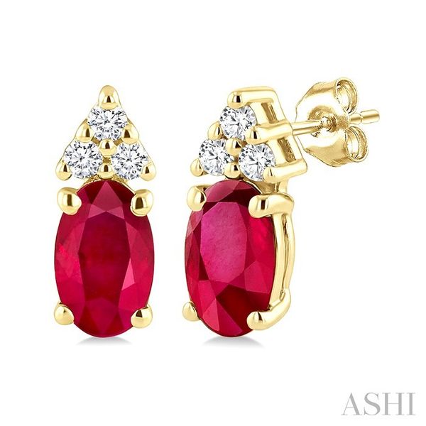 Yellow Gold Oval Ruby & Diamond Earrings SVS Fine Jewelry Oceanside, NY