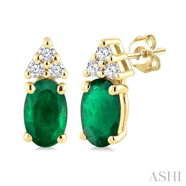 Yellow Gold Oval Emerald & Diamond Earrings SVS Fine Jewelry Oceanside, NY