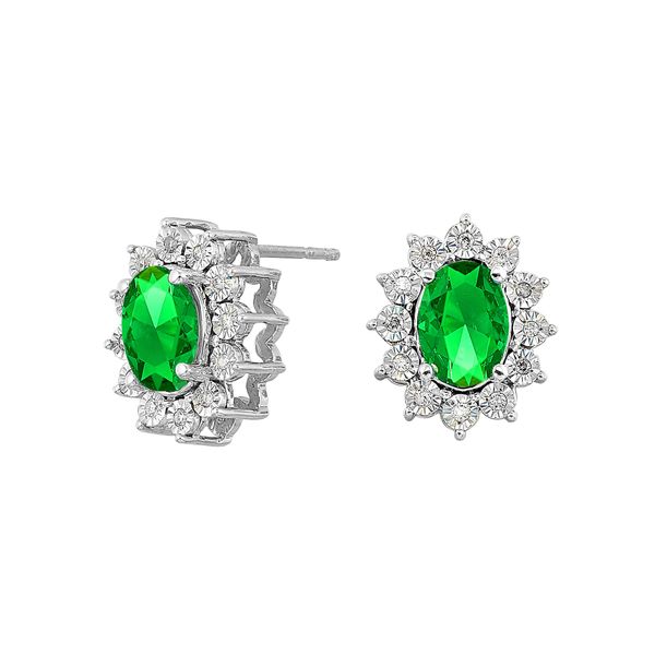 Sterling Silver, Diamond, And Created Emerald Earrings SVS Fine Jewelry Oceanside, NY