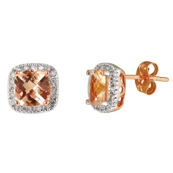 14k Rose Gold, Diamond and Morganite Square Cushion Halo Earrings 1.60Cttw SVS Fine Jewelry Oceanside, NY
