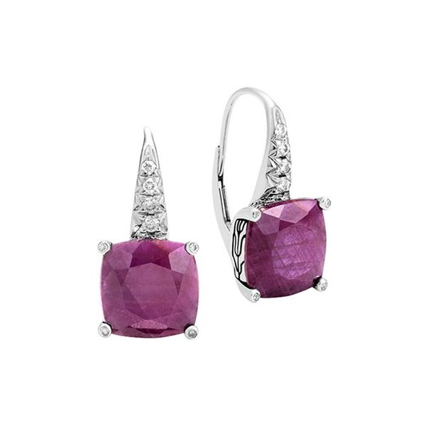 John Hardy Women's Batu Classic Chain Silver Diamond Pave (0.17cttw) Earrings with 10 mm Cushion Indian Ruby. SVS Fine Jewelry Oceanside, NY