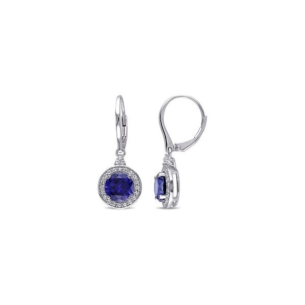 14K White Gold, Diamond and Sapphire Halo Drop Earrings SVS Fine Jewelry Oceanside, NY