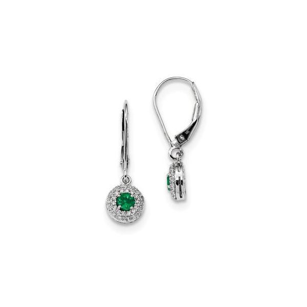 14K White Gold, Diamond and Emerald Halo Drop Earrings SVS Fine Jewelry Oceanside, NY