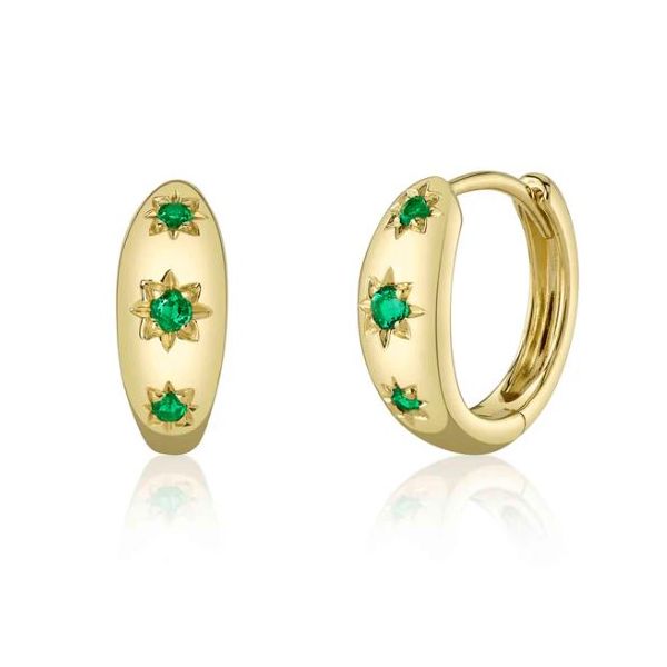 Shy Creation Yellow Gold Emerald Huggie Earrings SVS Fine Jewelry Oceanside, NY