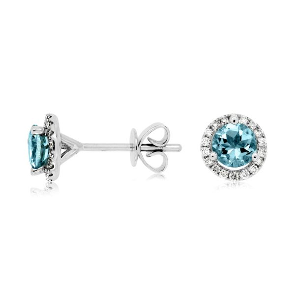 White Gold, Diamond, and Aquamarine Halo Earrings SVS Fine Jewelry Oceanside, NY