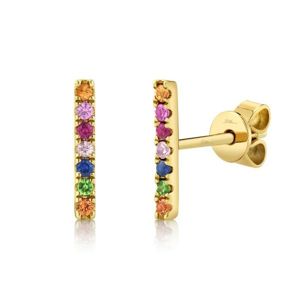 Shy Creation Yellow Gold Rainbow Multi-Stone Bar Earrings SVS Fine Jewelry Oceanside, NY