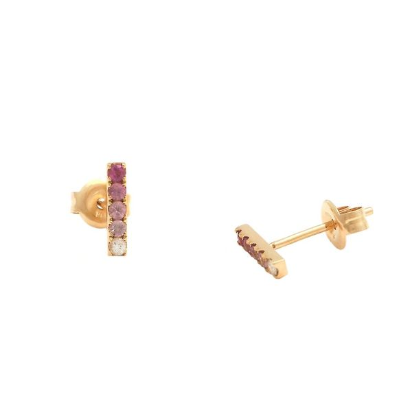 14K Yellow Gold Pink Sapphire Rainbow Bar Earrings SVS Fine Jewelry Oceanside, NY