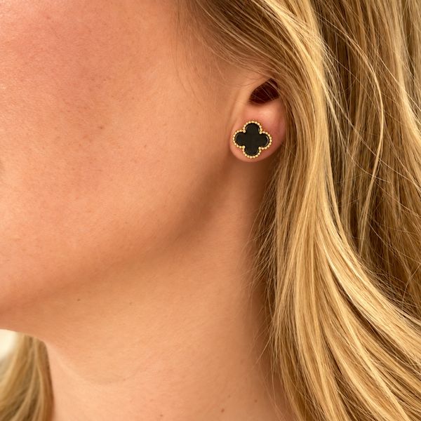 Black Onyx Clover Stud Earrings in 14K Yellow Gold Image 4 SVS Fine Jewelry Oceanside, NY