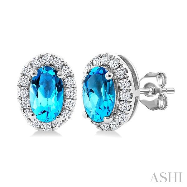 White Gold Oval Blue Topaz Halo Diamond Earrings SVS Fine Jewelry Oceanside, NY