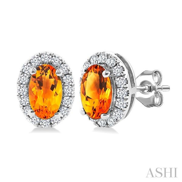 White Gold Oval Citrine Halo Diamond Earrings SVS Fine Jewelry Oceanside, NY