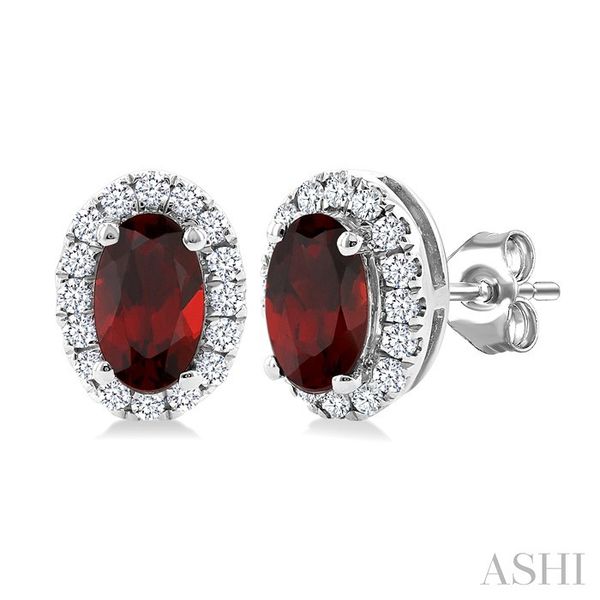 White Gold Oval Garnet Halo Diamond Earrings SVS Fine Jewelry Oceanside, NY